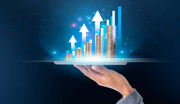 Businessman holds pointing arrow up and graphs corporate future growth plan on the network structure of the business.