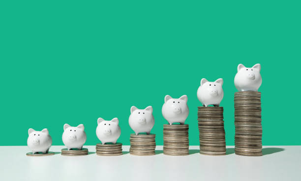 Little white piggy banks standing on top of 7 stacks of coins in ascending order on white surface, green background