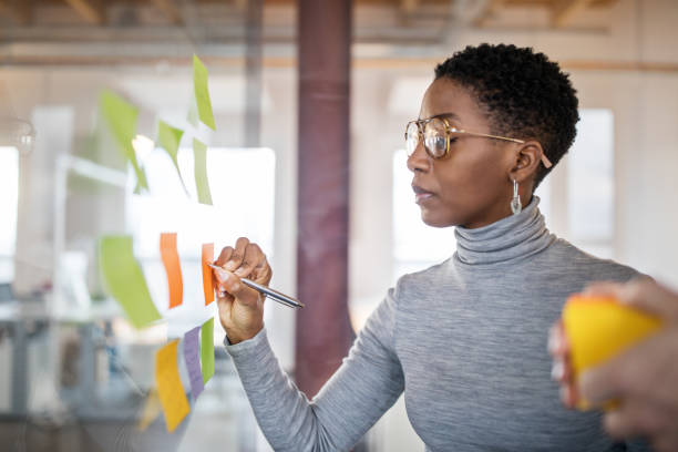 Confident mid adult businesswoman writing new ideas onto a adhesive note over a glass wall. 