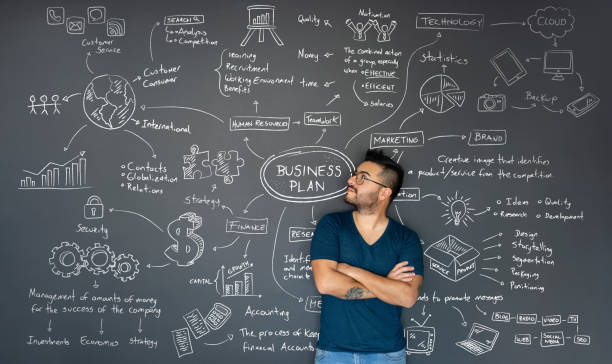 Happy Latin American thoughtful entrepreneur looking at the types of business plans behind him on a blackboard